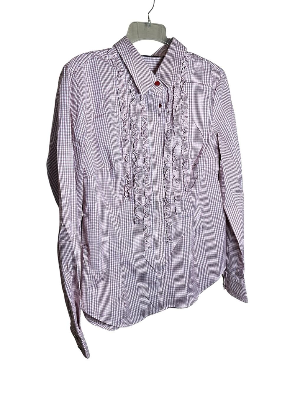 New York & Company Shirt Women's Medium White Red Check Stretch Ruffle Detailed